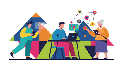 Teamwork and data analysis illustration featuring diverse professionals using technology
