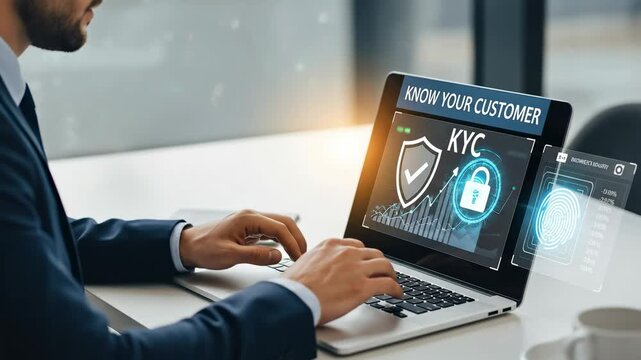 A focused young adult male in formal attire, engaged in digital work related to Know Your Customer (KYC) compliance, analyzing security features on a laptop in a modern office setting.