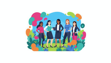 Diverse team of professional women standing confidently in a vibrant abstract setting symbolizing teamwork and empowerment