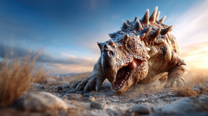 This stunning image showcases a fierce, armored dinosaur, prominently featuring its spiked back and expressive face against a breathtaking sunset landscape, evoking ancient primal instincts.