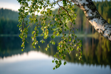 Tranquil birch tree branches with green leaves hanging over a calm lake reflecting forest greenery during a serene daylight moment in nature