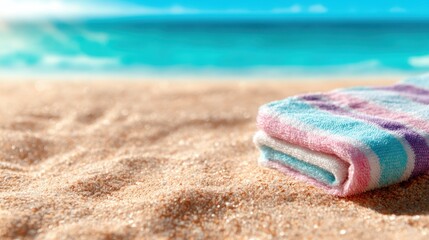 A vibrant, striped beach towel rests on fine sand, with a stunning blue ocean in the background, suggesting relaxation and a beach getaway on a sunny day.
