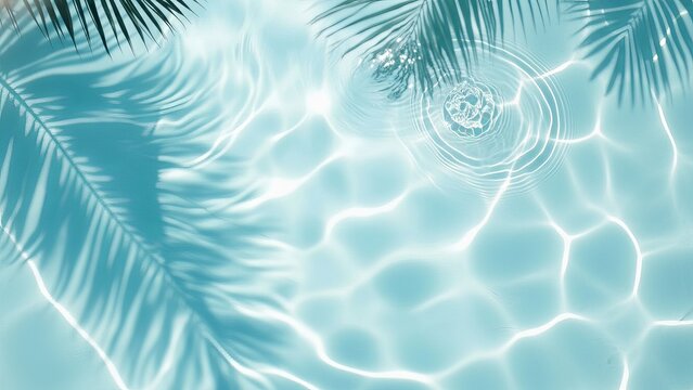 Top view of shimmering turquoise swimming pool water with sunlight reflections, creating a refreshing summer background ideal for vacation, leisure, wellness, and abstract texture use.