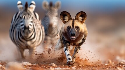 A wild dog sprinting after zebras in a dusty environment, capturing the essence of the predator-prey dynamic in a natural habitat filled with life and movement.