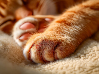Soft-focus image of a ginger cat's furry paw resting on a textured cream blanket with a blurred background of its relaxed face and paws during sleep
