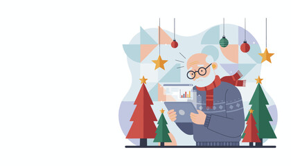 Obraz premium Stressed senior man using a tablet during the holidays dealing with tech or financial confusion