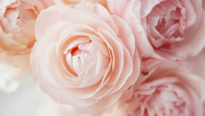 Soft pink ranunculus bloom close up with delicate petals and gentle mood
