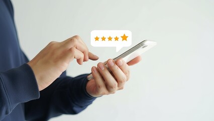 Close-up of hands using a smartphone with a five-star rating icon floating above the screen, symbolizing customer feedback, online reviews, and user experience.