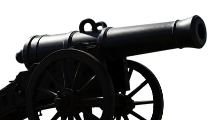 Antique black cannon on wheels, angled upwards against a bright background