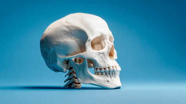 Human skull model positioned sideways on a smooth blue surface with soft lighting highlighting the bone structure and details against a gradient background