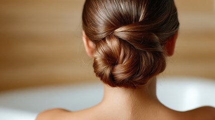 Naklejka premium This image showcases a beautifully styled bun hairstyle, focusing on the intricate twist and shine of the hair, perfect for beauty and fashion enthusiasts highlighting elegance.