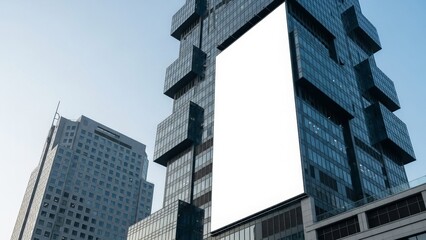 Obraz premium Modern Architectural Canvas: A high-angle shot showcasing a tall skyscraper, its facade a striking display of modern architecture, featuring an expansive.