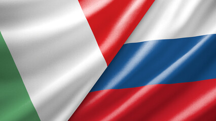 Fototapeta premium Italy and Russia two national flags filling the entire frame, close-up view, edge-to-edge composition