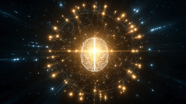 Conceptual image of a glowing human brain surrounded by a network of interconnected nodes, symbolizing AI - Powered by Adobe