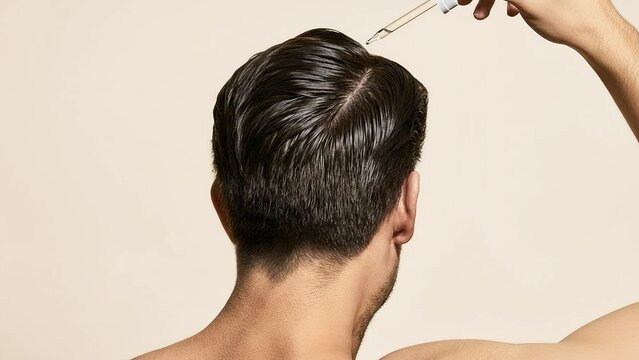Hair Care Application: A man applying hair serum to the scalp, highlighting the process of nourishing and conditioning hair from a rear perspective, emphasizing wellness.