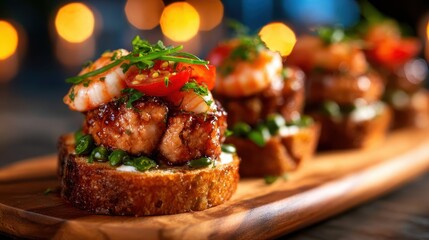An elegant wooden platter showcases gourmet shrimp appetizers, artfully garnished with greens and tomatoes, perfect for upscale dining or festive occasions.