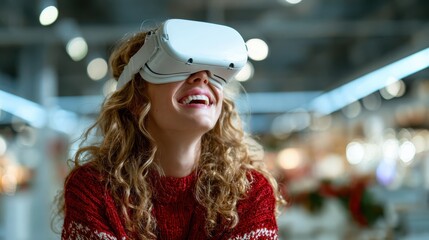 A joyful woman immersed in a virtual reality experience, wearing a VR headset and smiling. The blurred background enhances her excitement and engagement with technology.
