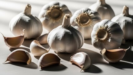 Arrangement of whole garlic bulbs and loose cloves, light and shadow