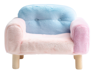 This is a plush mini sofa featuring pastel colors of blue and pink. It has a simple design and is perfect for children's rooms or play areas, isolated on a transparent background