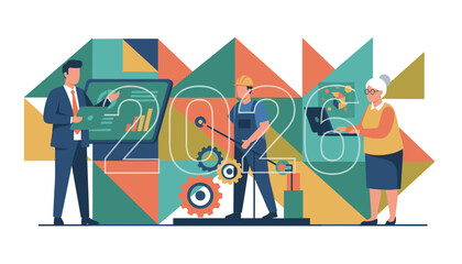 Diverse professional workforce collaborates for 2026 growth across business industry and technology