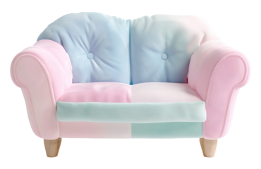 Cute mini sofa features soft pastel colors in pink and blue. It has a simple design perfect for children's spaces. The sofa is isolated on a transparent background for easy use in projects