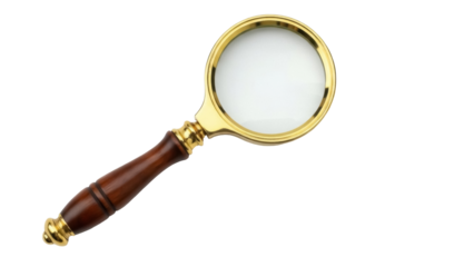 Isolated magnifier with wooden handle and gold rim, lens for investigation and research