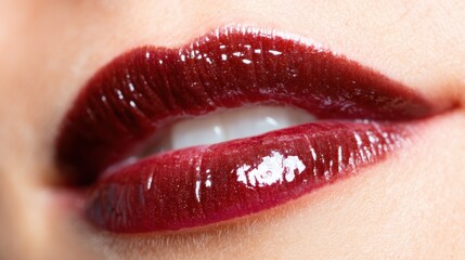 Obraz premium Close-up of luscious, glossy dark red lips, showcasing their richness and sensuality, presenting an appealing aesthetic that captivates and engages viewers beautifully.