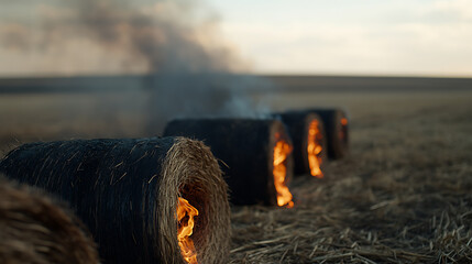 Rural landscape: Fire engulfs hay bales in a field under a smoky sky at sunset, creating a dramatic contrast of warmth and desolation. The scene evokes themes of loss.