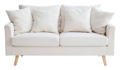 This cut out element shows a sofa with linen upholstery and decorative cushions. The sofa has a simple design and light color, making it suitable for various styles