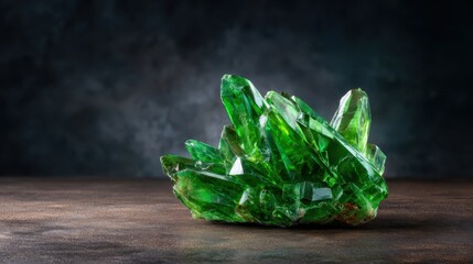 A striking cluster of vivid green crystals is elegantly displayed on a rustic surface, showcasing nature's beauty and the intricate formations of minerals in a dramatic light.