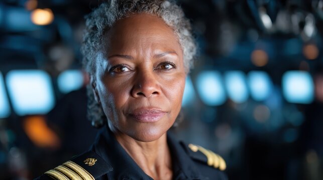 A strong and confident female officer stands in the ship's bridge, showcasing leadership and authority with a determined expression and a naval uniform.