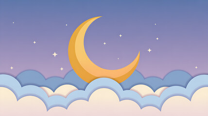 Fototapeta premium Peaceful crescent moon rising above fluffy clouds at dusk