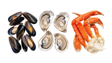Isolated seafood platter showcasing mussels, oysters, and crab legs displayed in appetizing way