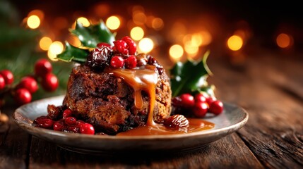 A classic festive dessert, this luxurious pudding is topped with a generous drizzle of rich caramel sauce and adorned with seasonal berries for a delightful touch.