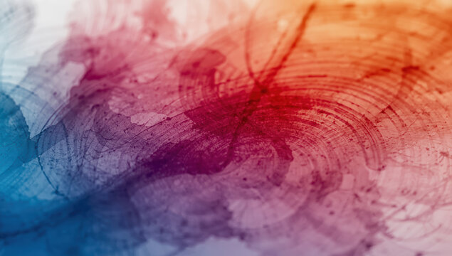 Abstract watercolor wash with circular brush texture blue purple and orange tones, atmospheric