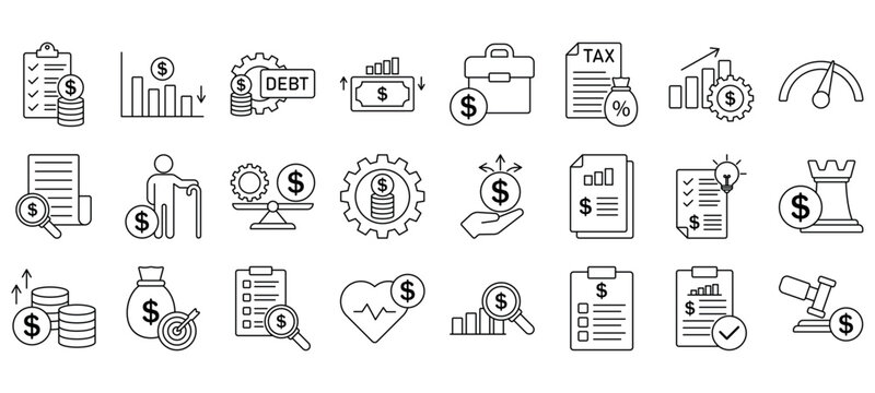 Financial issue related icon collections. Containing loss, crisis, debt, inflation, tax, audit, bankruptcy, fraud, recession, and risk icons. EPS 10.