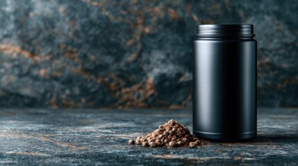 A modern black jar stands on a textured surface with scattered wellness supplements beside it, highlighting contemporary health trends and the importance of nutrition in our lives.