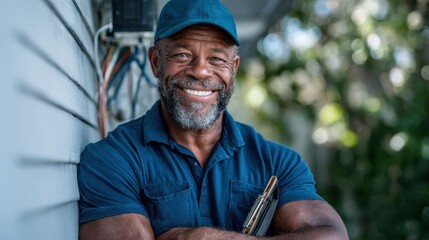 A joyful handyman stands outside a home repair site, showcasing a warm smile and confidence while representing the importance of reliability and friendliness in service professions.