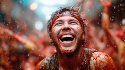 A jubilant young man covered in colorful food splashes enjoys an energetic celebration with vibrant surroundings, symbolizing the joy and freedom of festive experiences.