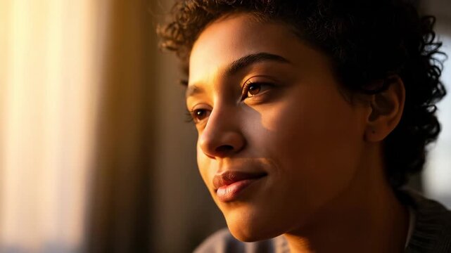 A contemplative young woman with short curly hair gazes thoughtfully to the side, illuminated by warm golden light streaming through a window, reflecting moments of introspection and serenity.