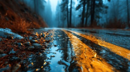 A serene view of a winding road reflecting the beauty of nature, enveloped in mist with towering trees creating an atmospheric and tranquil setting.