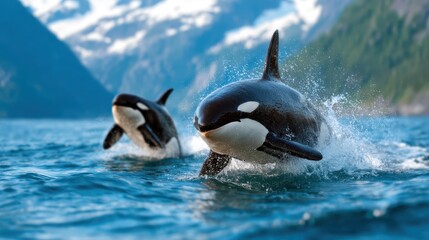 Fototapeta premium Two majestic orcas leap through the clear blue waters, creating splashes as they swim near the rocky shores, illustrating the breathtaking beauty of marine life in nature.