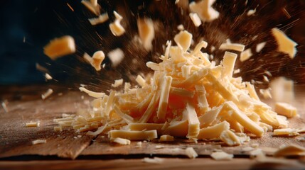 An eye-catching moment capturing shredded cheese exploding in mid-air, showcasing textures and motion, perfect for culinary enthusiasts and food photography.