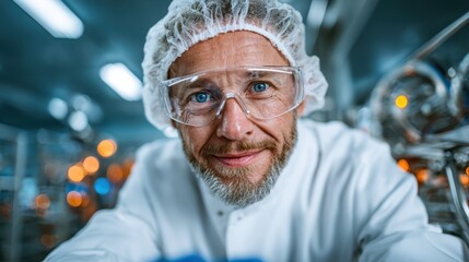 A portrait of a scientist wearing safety glasses and a lab coat, focused and engaged in their work, representing innovation, research, and scientific advancements in a laboratory.