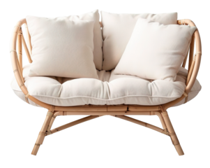 A rattan frame sofa with soft cushions set against a transparent background. It serves as an ideal element for interior design or decorating projects