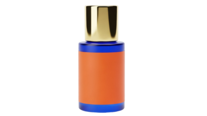 Isolated orange bottle with blue accents and gold-color top for essential oil or fragrance