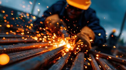 A skilled worker is grinding metal, creating a dazzling display of sparks that illuminate the industrial setting and showcase craftsmanship and dedication.