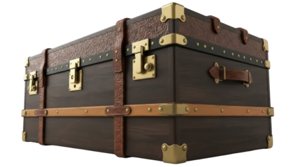 Isolated antique steamer trunk, vintage luggage for travel, rustic storage container for home