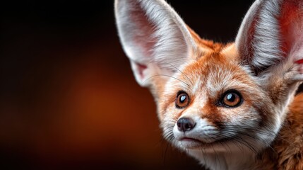A close portrait of a cute fennec fox featuring large expressive ears, capturing its playful spirit against a softly blurred background representing wild nature and curiosity.