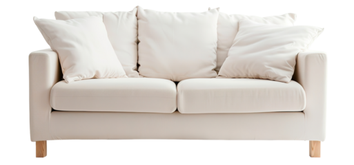 Sofa with slim arms features a modern design on a transparent background. It is suitable for various living spaces and can be used for home decor ideas